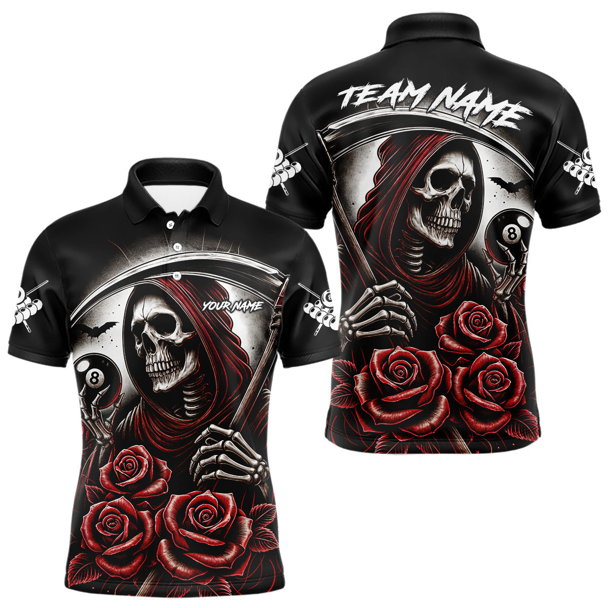 Blisscorners Death Skeleton 8 Ball Pool Roses Billiard Shirt For Men Custom Funny Pool Team Shirt Design |Red MT2306