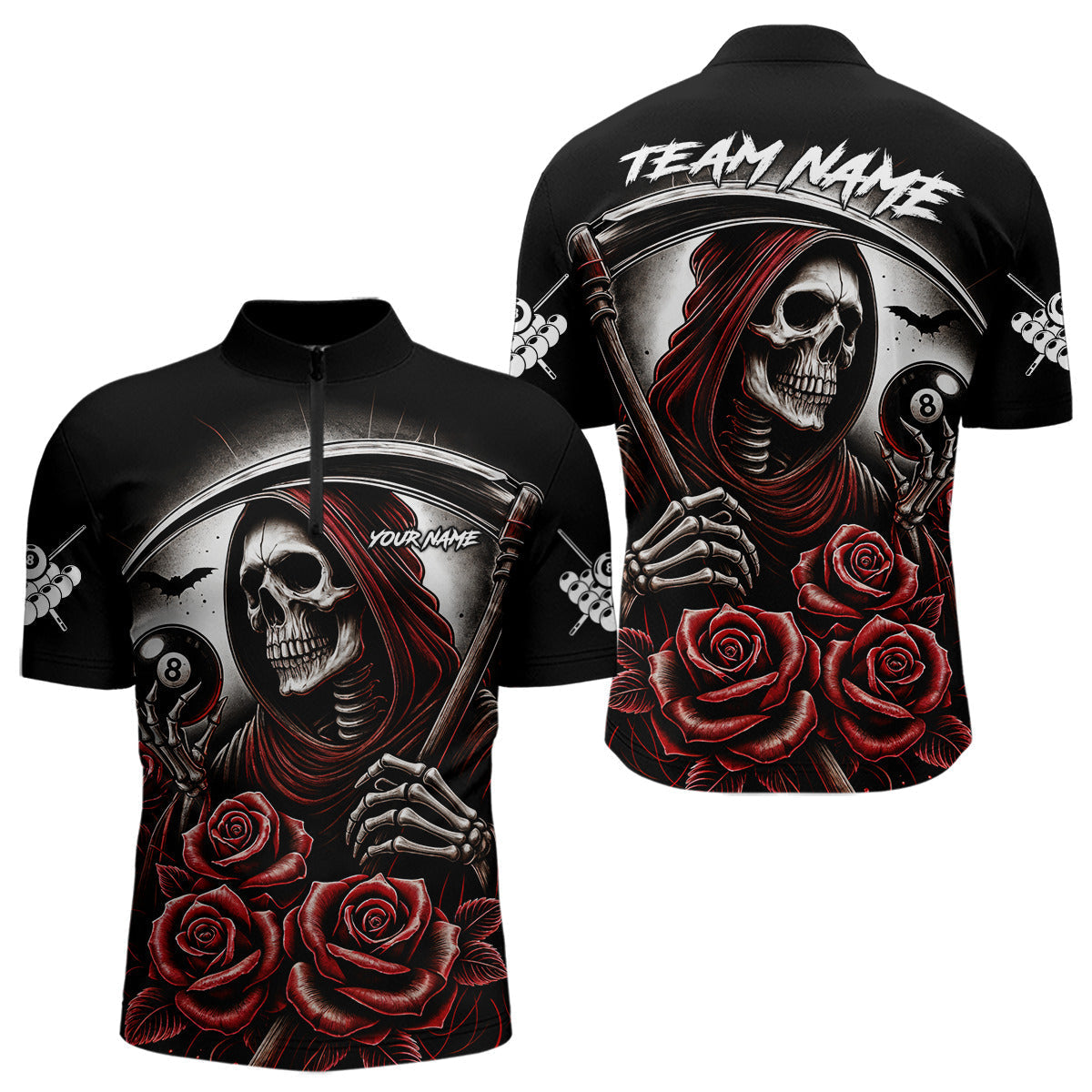 Blisscorners Death Skeleton 8 Ball Pool Roses Billiard Shirt For Men Custom Funny Pool Team Shirt Design |Red MT2306