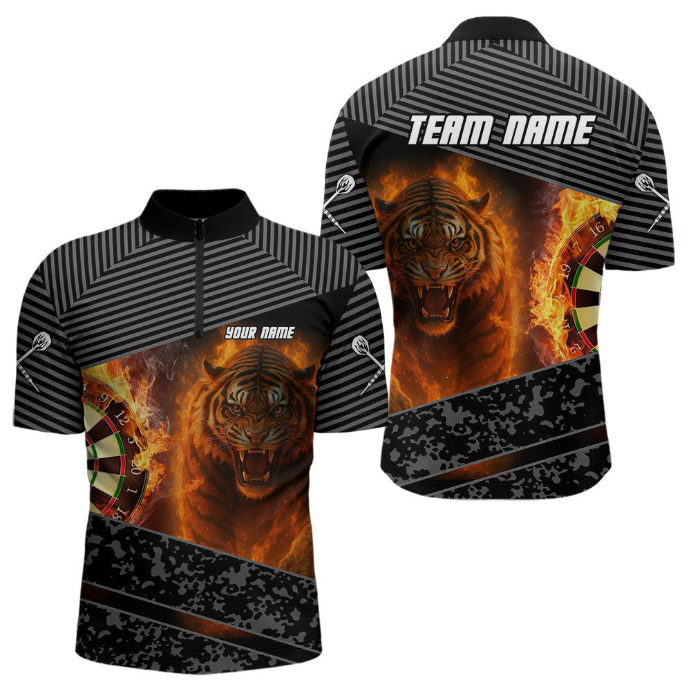Blisscorners Custom Men's Darts Shirts With Fiery Tiger & Flaming Dartboard, Darts Jersey