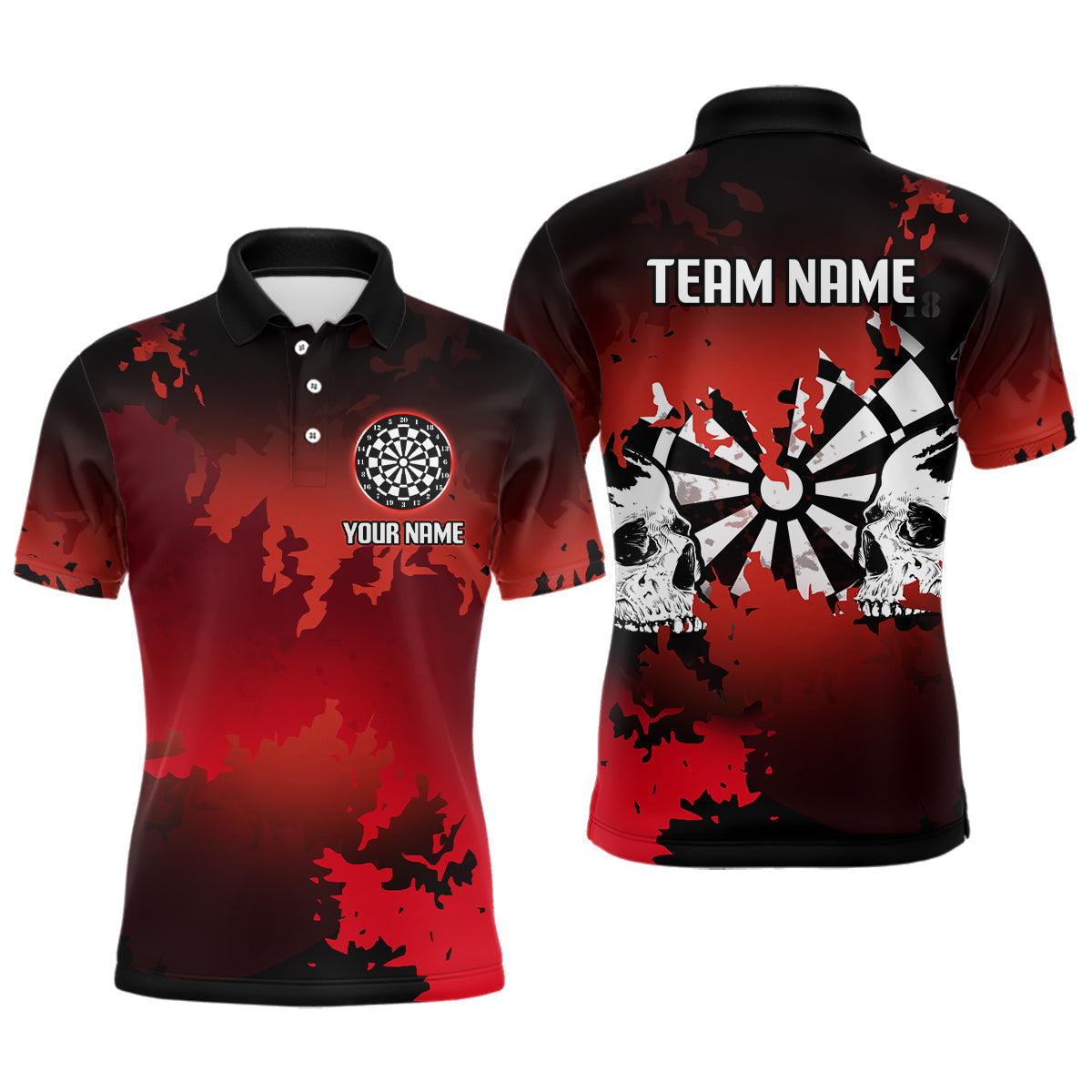 Blisscorners Men's Custom Darts Shirt With Grunge Red Camo Broken Dartboard & Skull Art