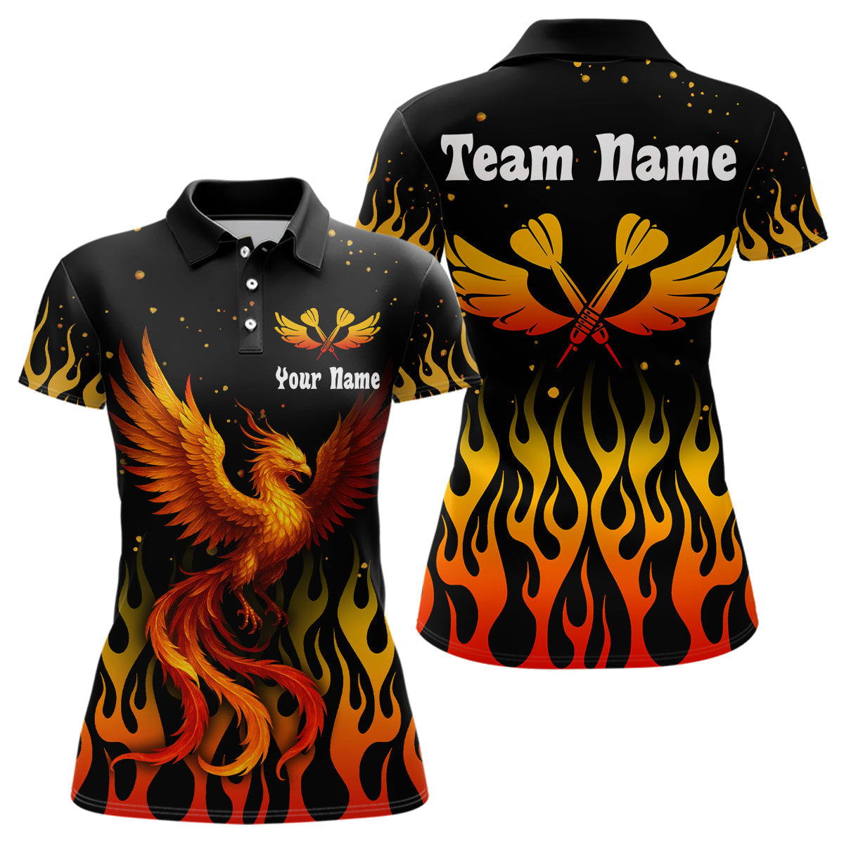 Blisscorners Men’s Darts Team Shirt - Rust Phoenix And Flame Pattern | Custom Name Option