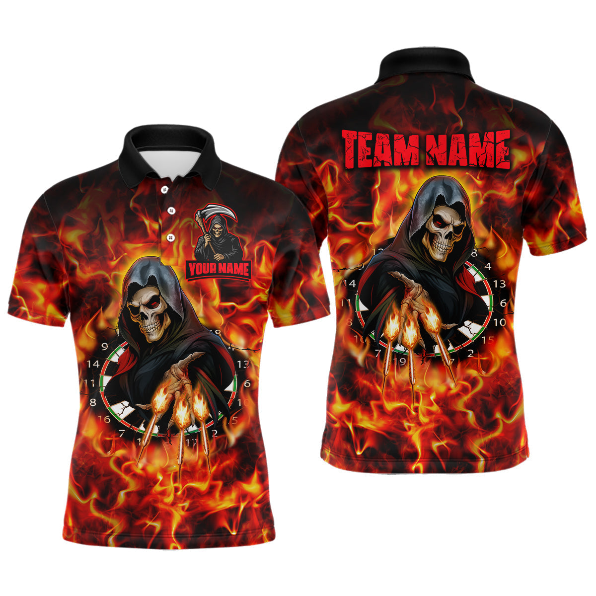 Blisscorners The Grim Flaming Dartboard & Arrows Darts Shirt For Men - Custom Name & Team Jersey LM3006