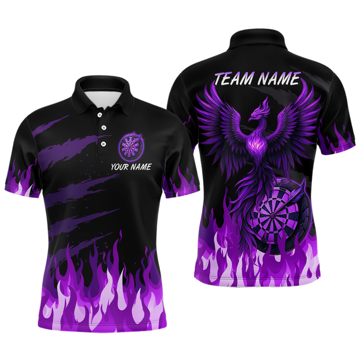 Blisscorners Men's Custom Darts Team Shirt With Purple Phoenix Dartboard And Flame Pattern