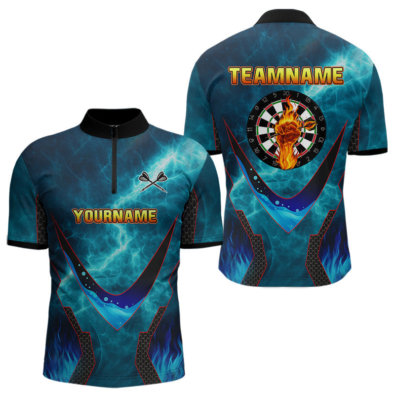 Blisscorners Lightning Turquoise Flame Hand & Darts Men's Darts Shirt - Custom Name For Players MT2306