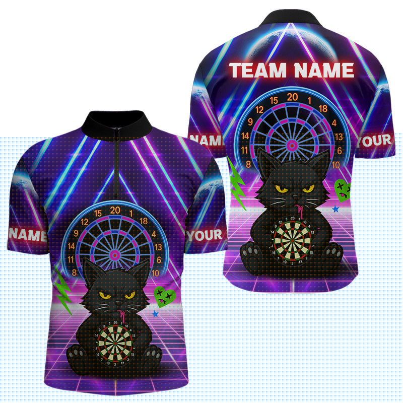 Blisscorners Dark Cat & Neon Electric Men's Darts Shirt - Custom Name For Dart Players