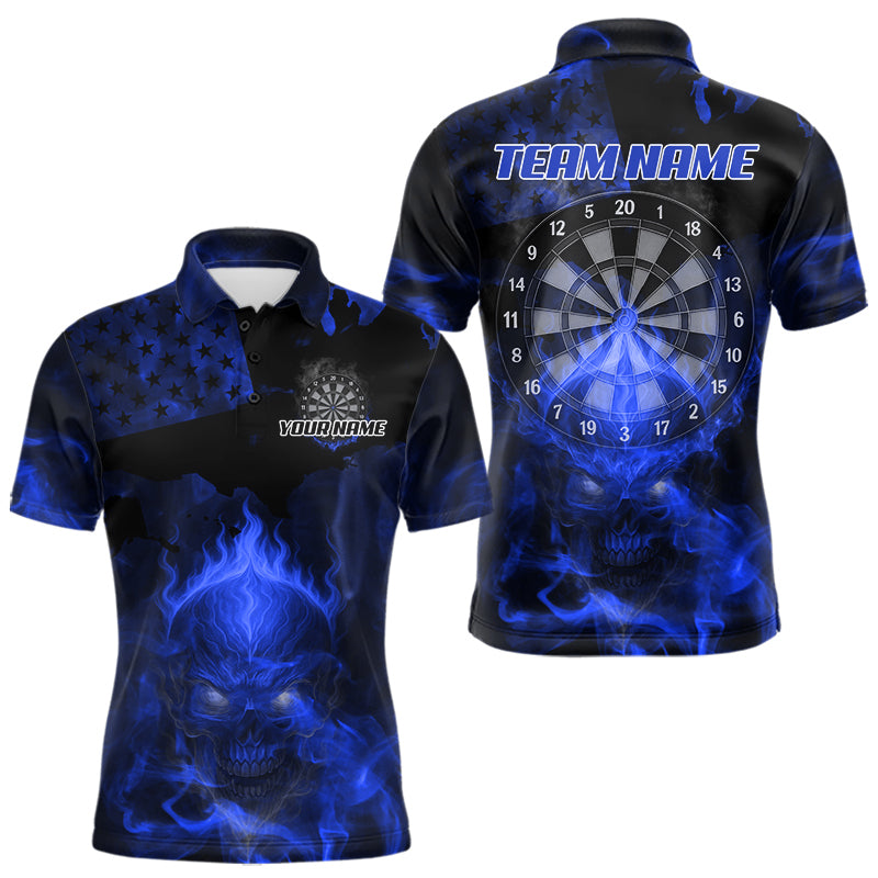 Blisscorners US Flag & Skull Custom Patriotic Blue Dart Polo Shirts For Men, Dart Team Jerseys LM2007