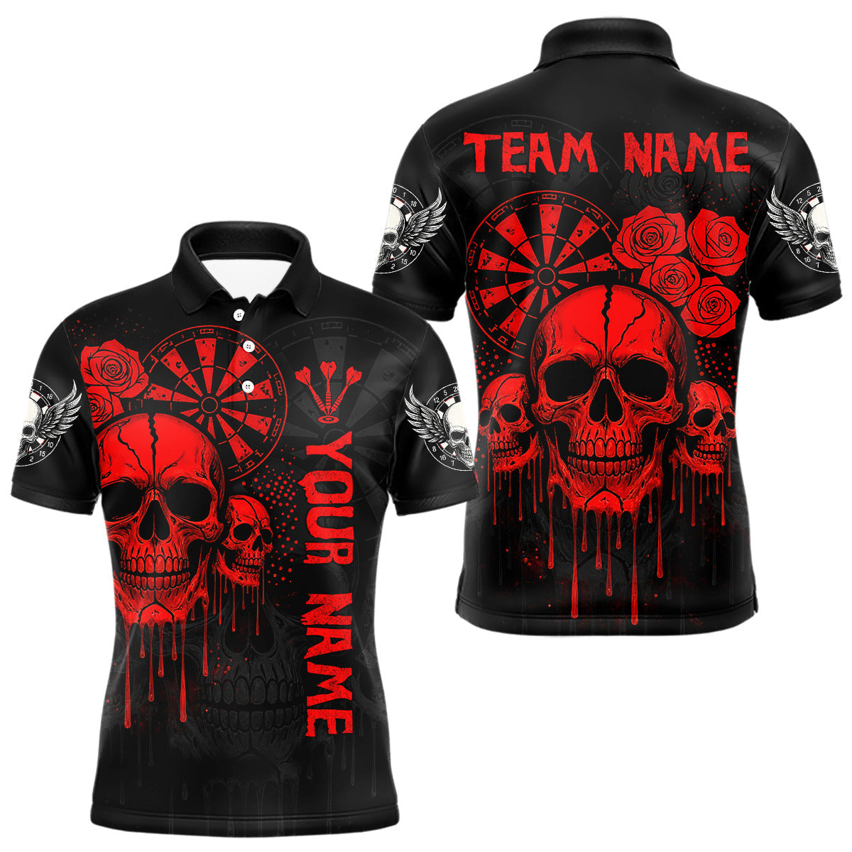 Blisscorners Red Dripping Skulls & Darts Men's Grunge Darts Shirt - Custom Name For Players LM2206
