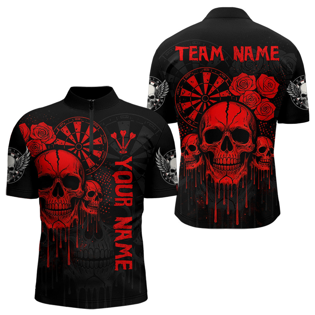 Blisscorners Red Dripping Skulls & Darts Men's Grunge Darts Shirt - Custom Name For Players LM2206