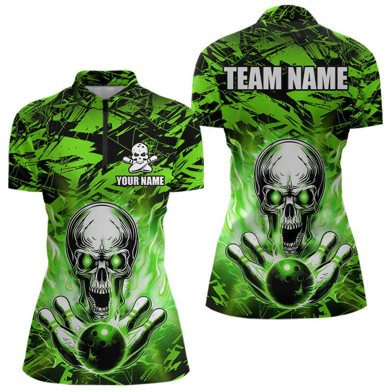 Blisscorners Personalized Green Flame Skull Bowling Jersey Camo Multicolor Polo Bowling Team