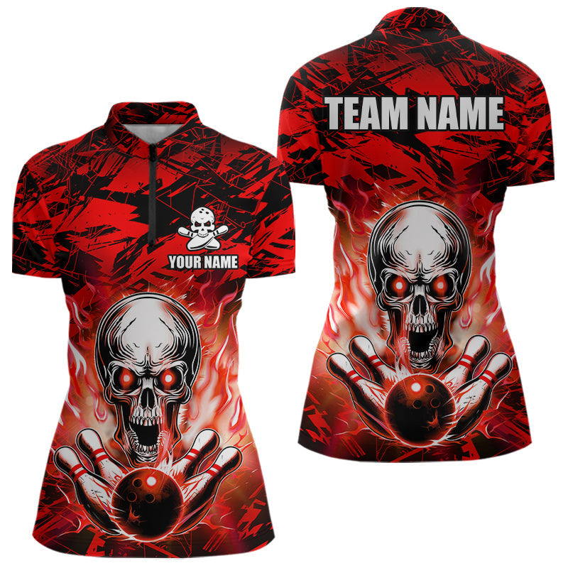 Blisscorners Personalized Red Flame Skull Bowling Jersey Camo Multicolor Polo Bowling Team