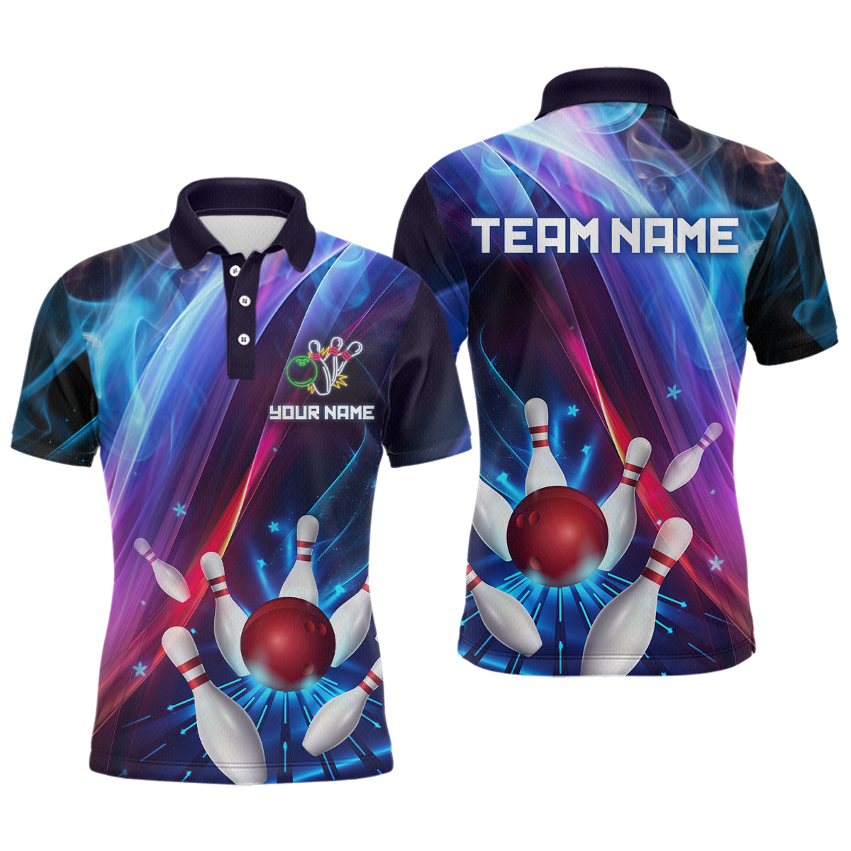 Blisscorners Personalized Galaxy Bowling Pins and Ball Shirt Blue & Purple Neon Polo Bowling Team League