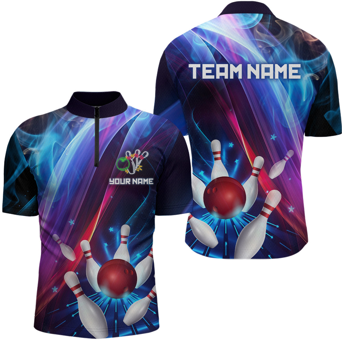 Blisscorners Personalized Galaxy Bowling Pins and Ball Shirt Blue & Purple Neon Polo Bowling Team League