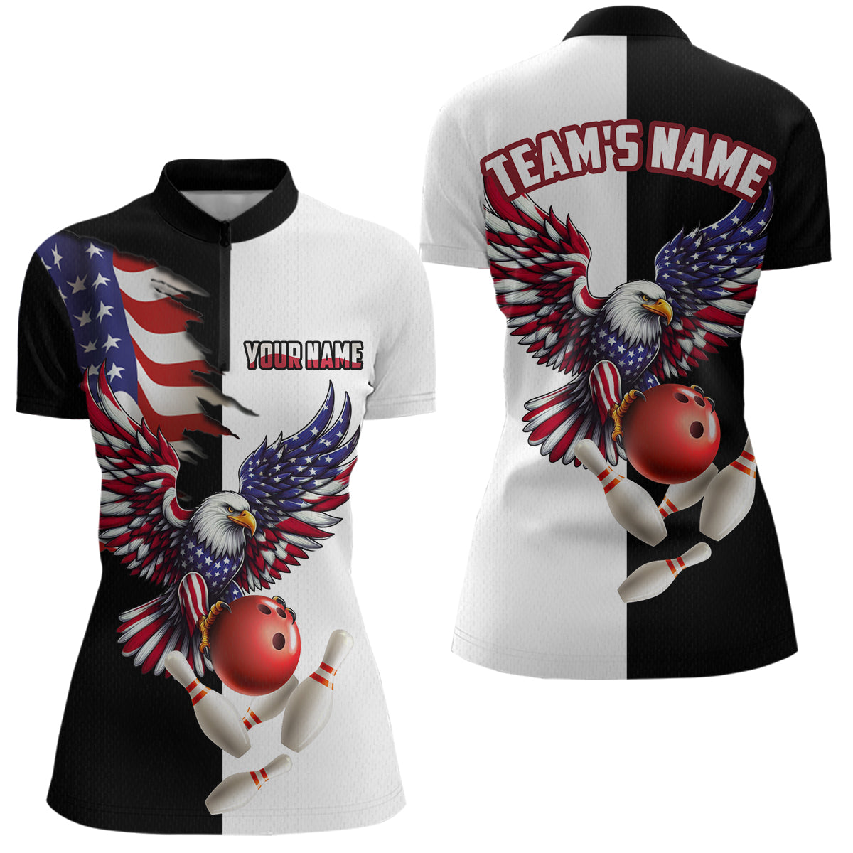 Blisscorners American Eagle Polo Bowling Shirt Custom Black & White Bowling Jersey for Men And Women