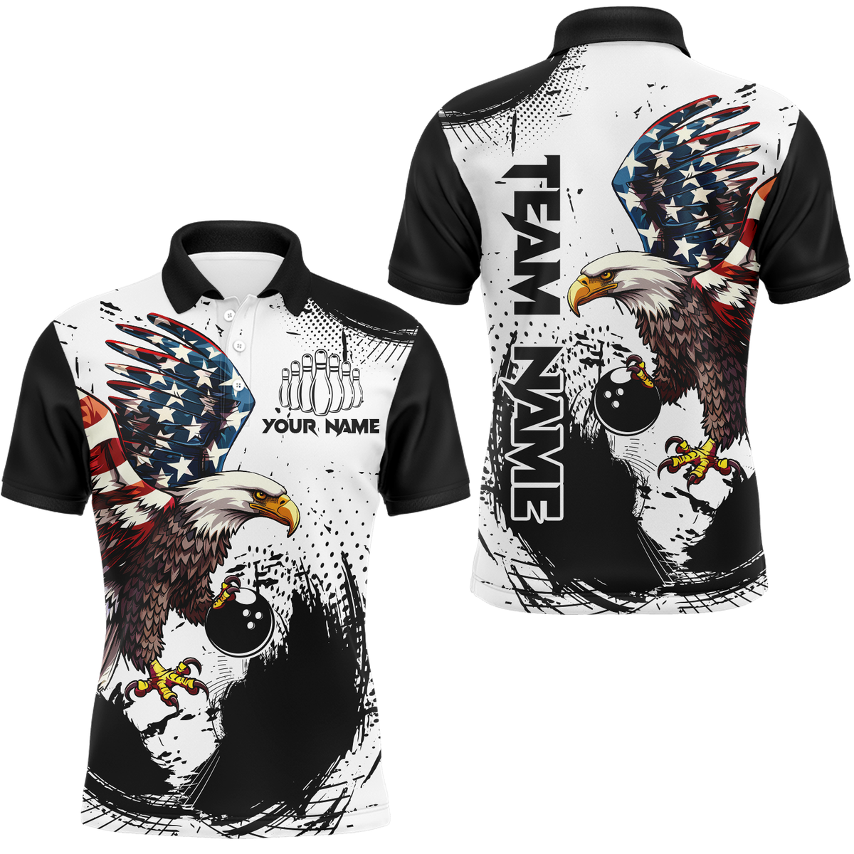 Blisscorners Personalized Eagle Bowling Shirts Patriotic Bowling Jersey for Men Polo Shirt