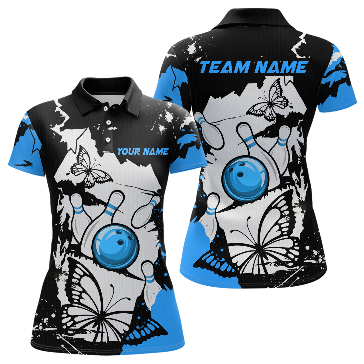 Blisscorners Custom Blue Butterflies Bowling Shirt for Men Women Team Bowling Polo&Quater Zip