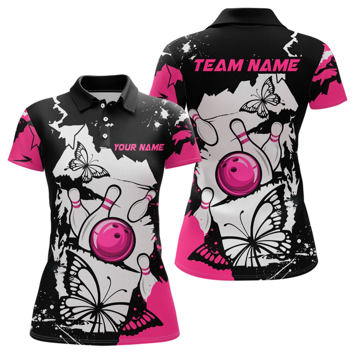 Blisscorners Custom Pink Butterflies Bowling Shirt for Men Women Team Bowling Polo&Quater Zip
