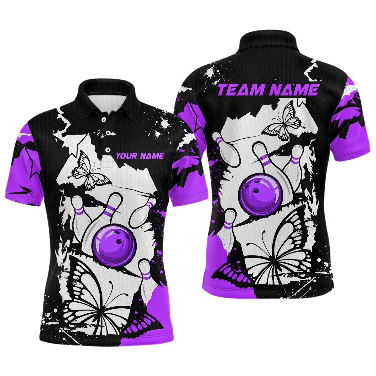 Blisscorners Custom Purple Butterflies Bowling Shirt for Men Women Team Bowling Polo&Quater Zip