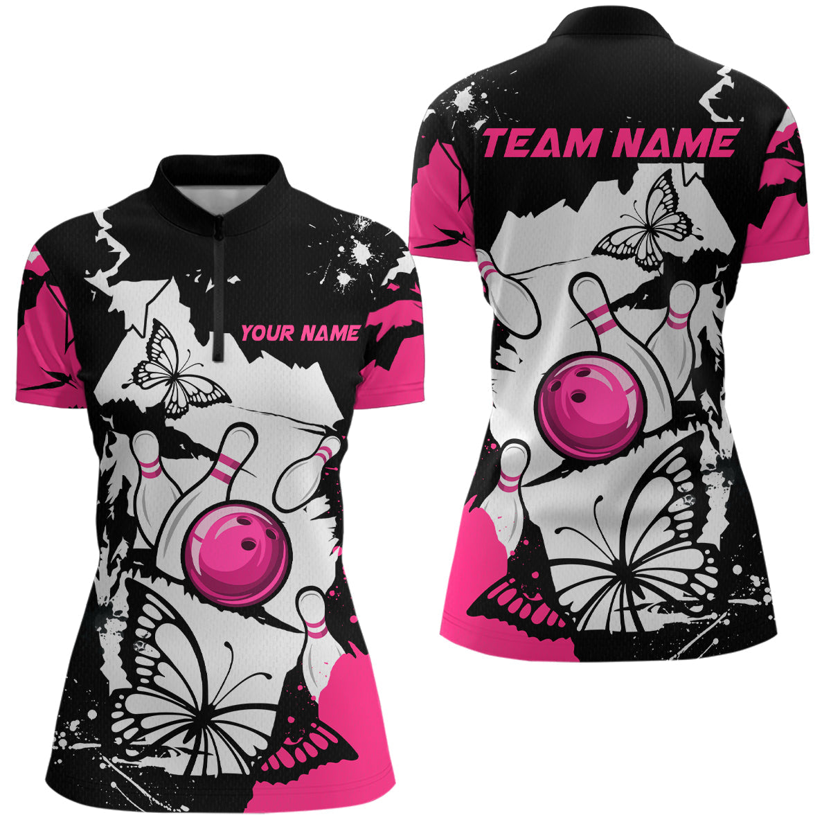 Blisscorners Custom Pink Butterflies Bowling Shirt for Men Women Team Bowling Polo&Quater Zip