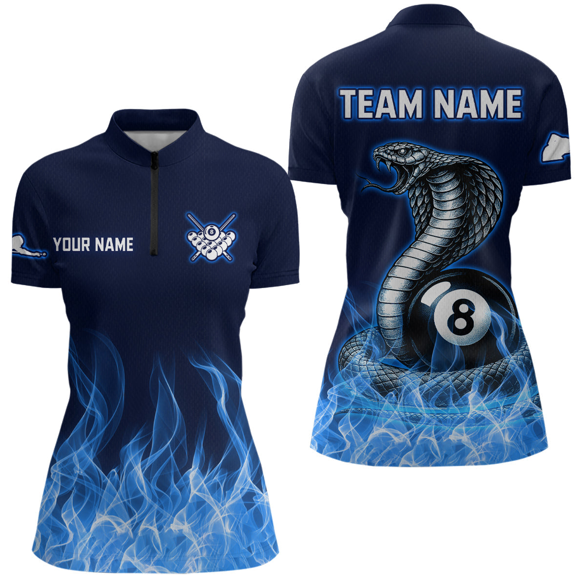 Maxxcorners Custom Blue Cobra Snake 8 Ball Pool Flame Billiard Shirts for Men Team Polo & 1/4 Zip Shirts MT0307