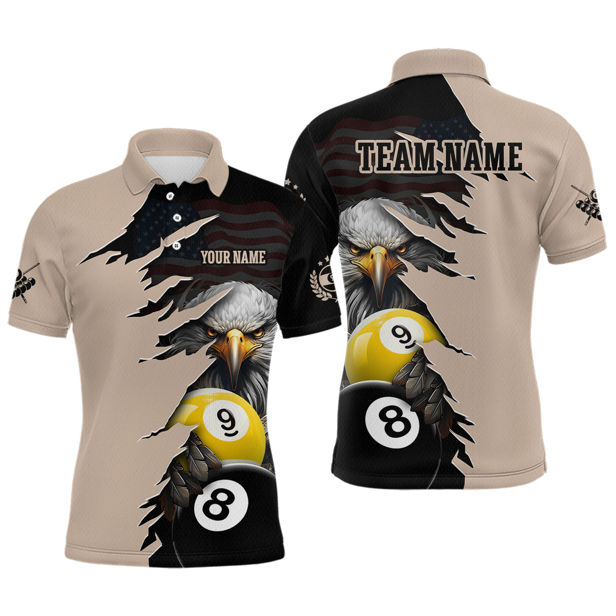 Blisscorners Personalized American Flag Eagle 8 & 9 Billiard Jersey for Men Billiard Shirt Polo & 1/4 Zip
