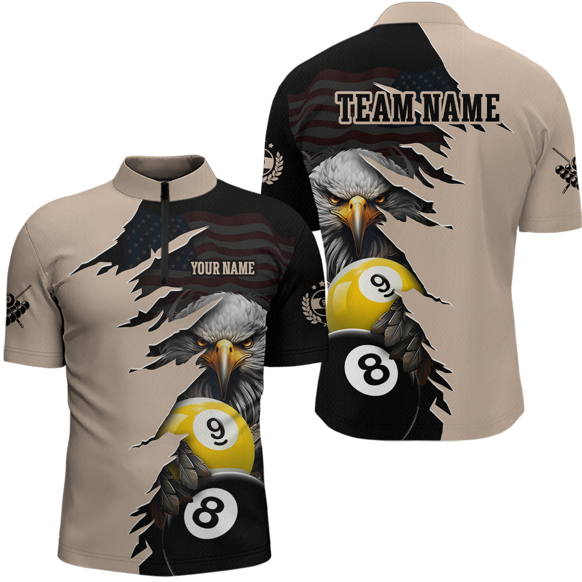 Blisscorners Personalized American Flag Eagle 8 & 9 Billiard Jersey for Men Billiard Shirt Polo & 1/4 Zip
