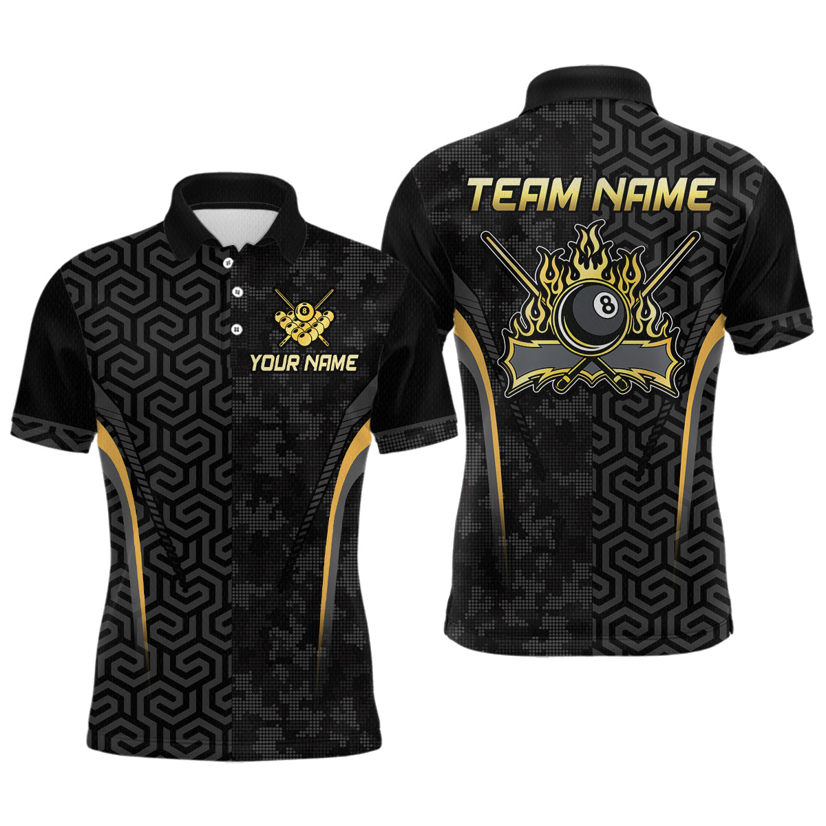 Blisscorners Custom Black Gold 8 Ball Flame Billiard Shirts for Men, Bowling Team Polo & 1/4 Zip Shirts MT1007