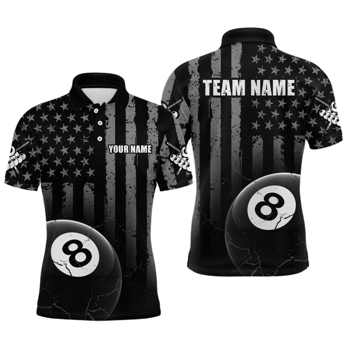 Blisscorners Custom American Flag 8 Ball Billiard Shirts for Men, Bowling Team Polo & 1/4 Zip Shirts MT1007