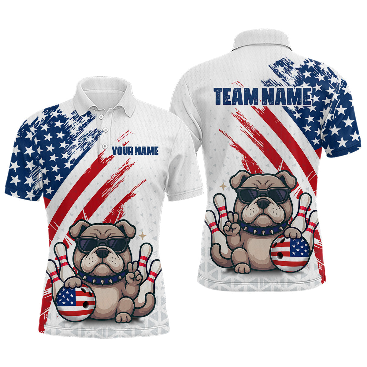 Blisscorners Funny US Flag French Bulldog Bowling Men Polo & 1/4 Zip Shirts Bowling Team Jersey MT2306