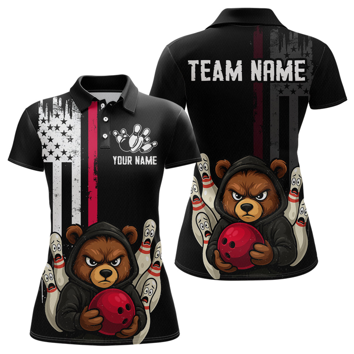 Blisscorners Custom American Flag Bear Bowling Men Polo & 1/4 Zip Shirts Bowling Team Jerseys LM3006