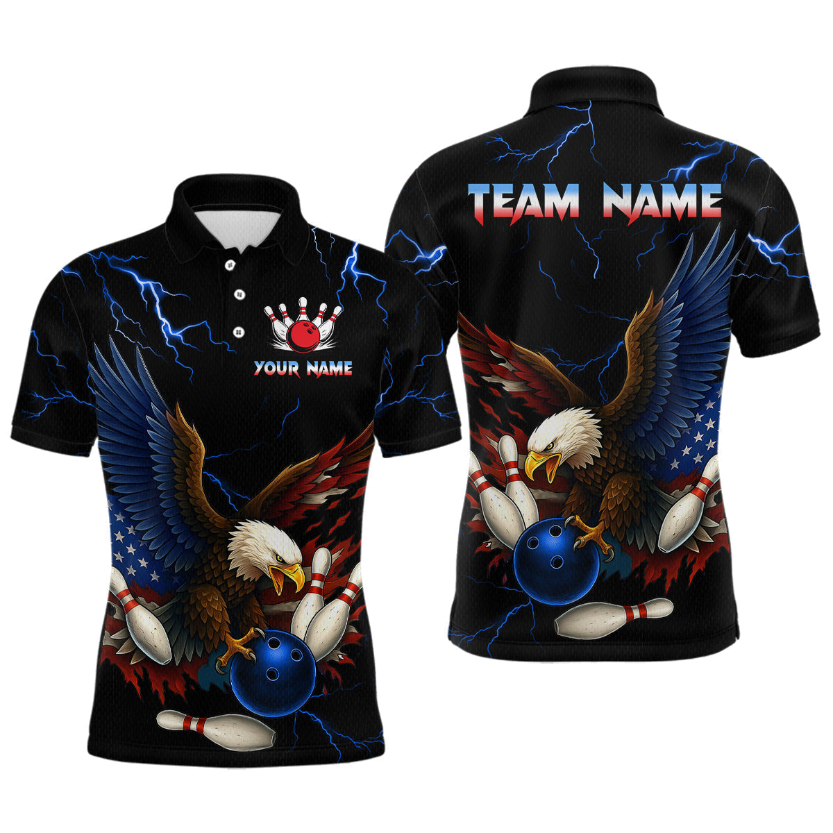 Blisscorners Blue Thunder US Flag Eagle Bowling Shirts for Men Team Bowling Polo & Quarter-Zip LM3006