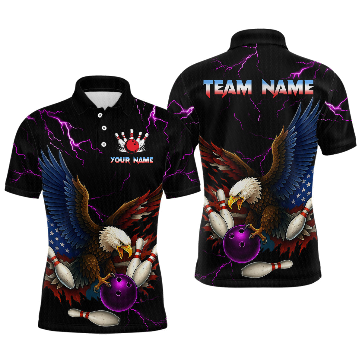 Blisscorners Purple Thunder US Flag Eagle Bowling Shirts for Men Team Bowling Polo & Quarter-Zip LM3006