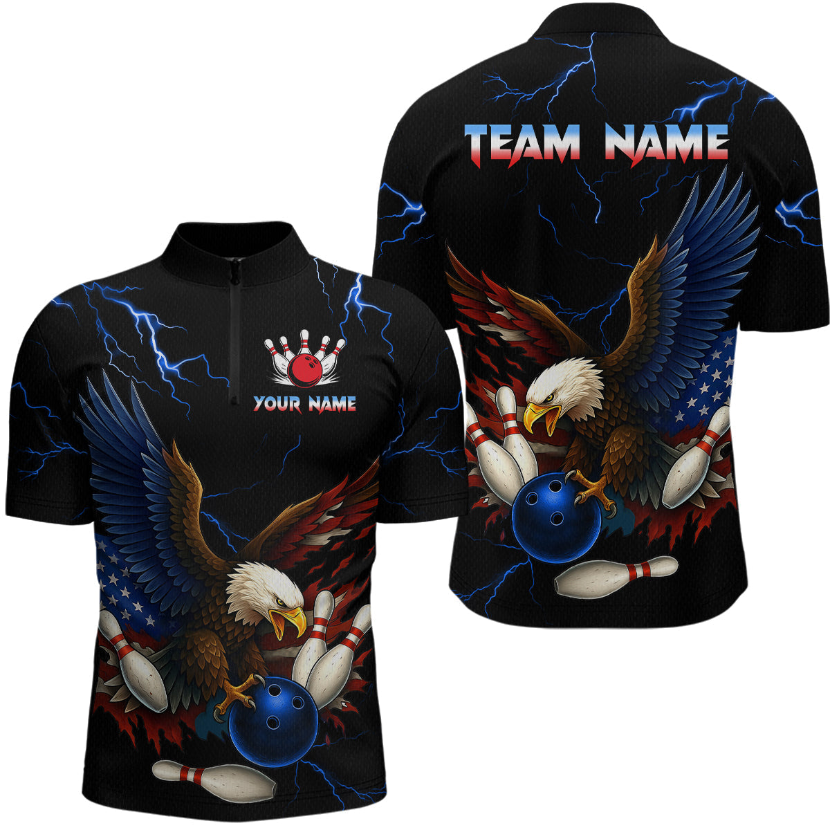 Blisscorners Blue Thunder US Flag Eagle Bowling Shirts for Men Team Bowling Polo & Quarter-Zip LM3006