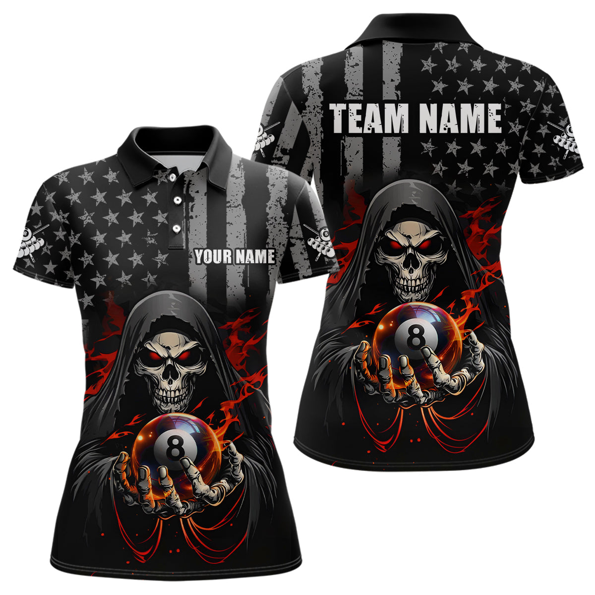 Blisscorners Personalized American Flag Skull Billiard Team Jersey for Men Polo & 1/4 Zip Shirts