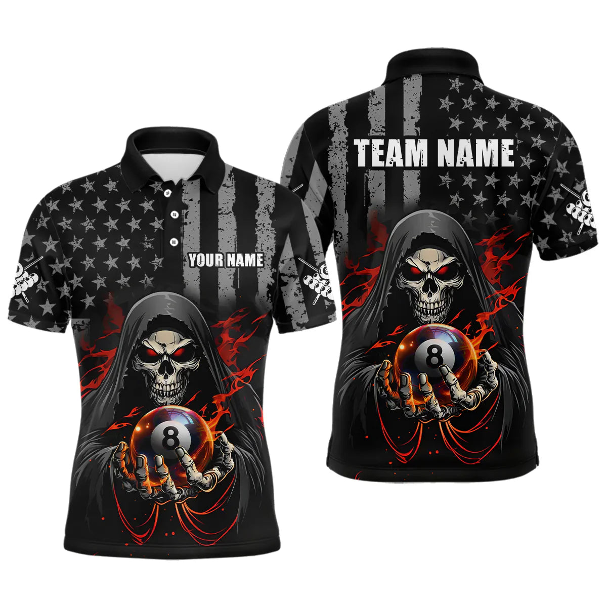 Blisscorners Personalized American Flag Skull Billiard Team Jersey for Men Polo & 1/4 Zip Shirts