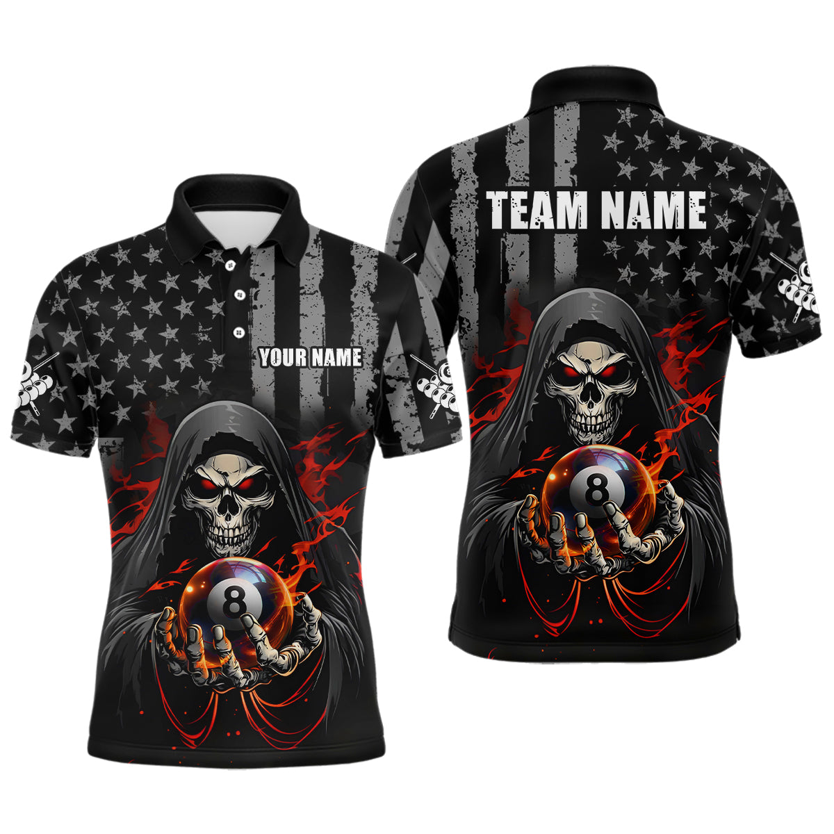 Blisscorners Personalized American Flag Skull Billiard Team Jersey for Men Polo & 1/4 Zip Shirts