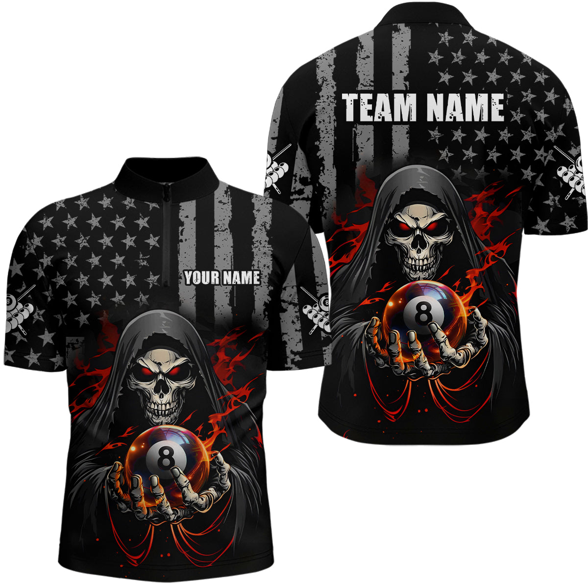 Blisscorners Personalized American Flag Skull Billiard Team Jersey for Men Polo & 1/4 Zip Shirts