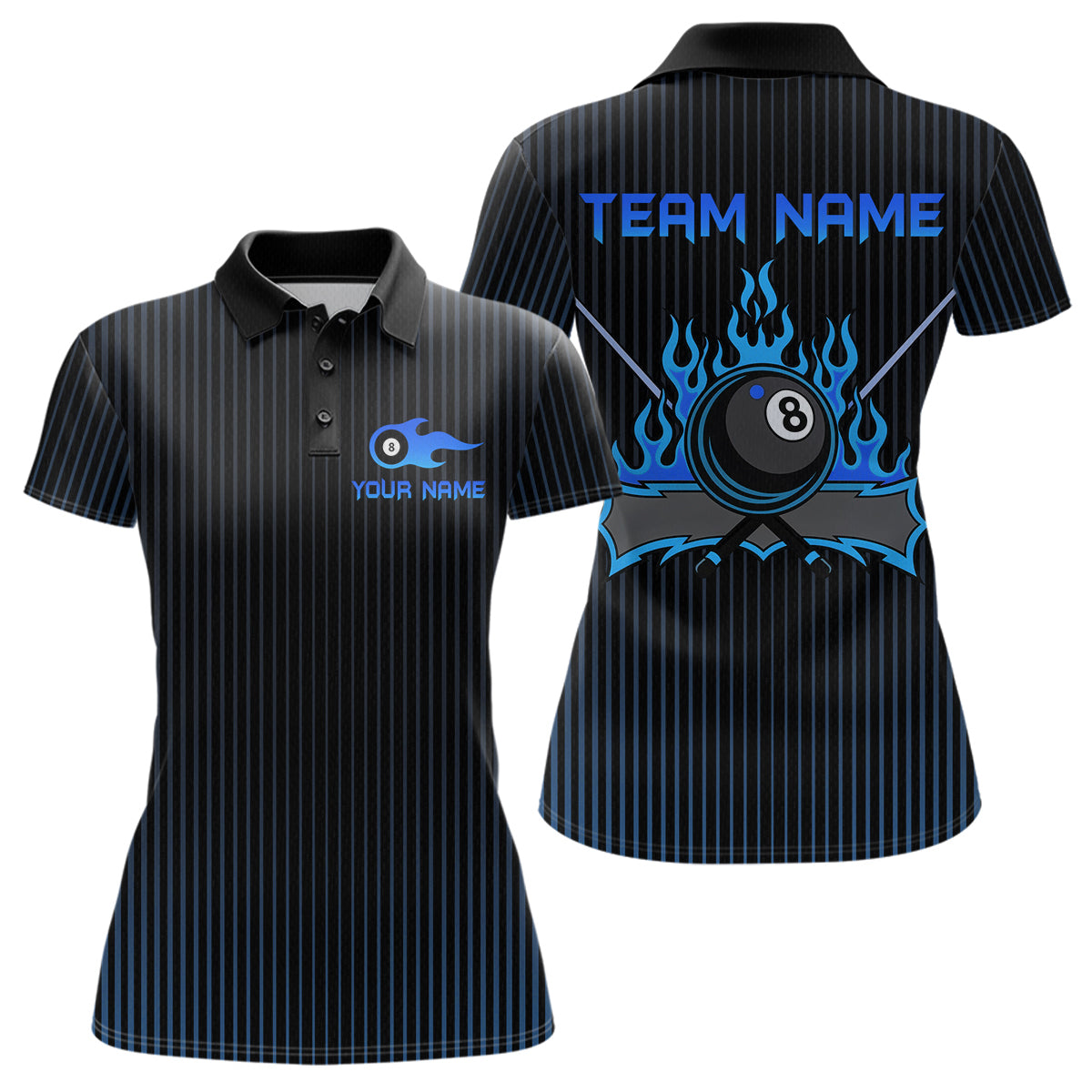 Blisscorners Custom Blue 8 Ball Flame Billiard Shirts for Women, Bowling Team Polo & 1/4 Zip Shirts MT1007