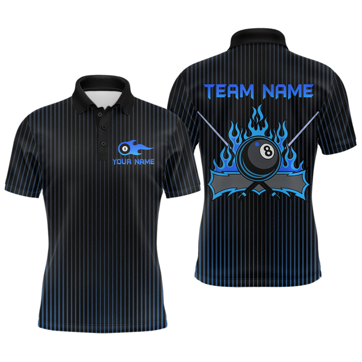 Blisscorners Custom Blue 8 Ball Flame Billiard Shirts for Men, Billiard Team Polo & 1/4 Zip Shirts MT1607