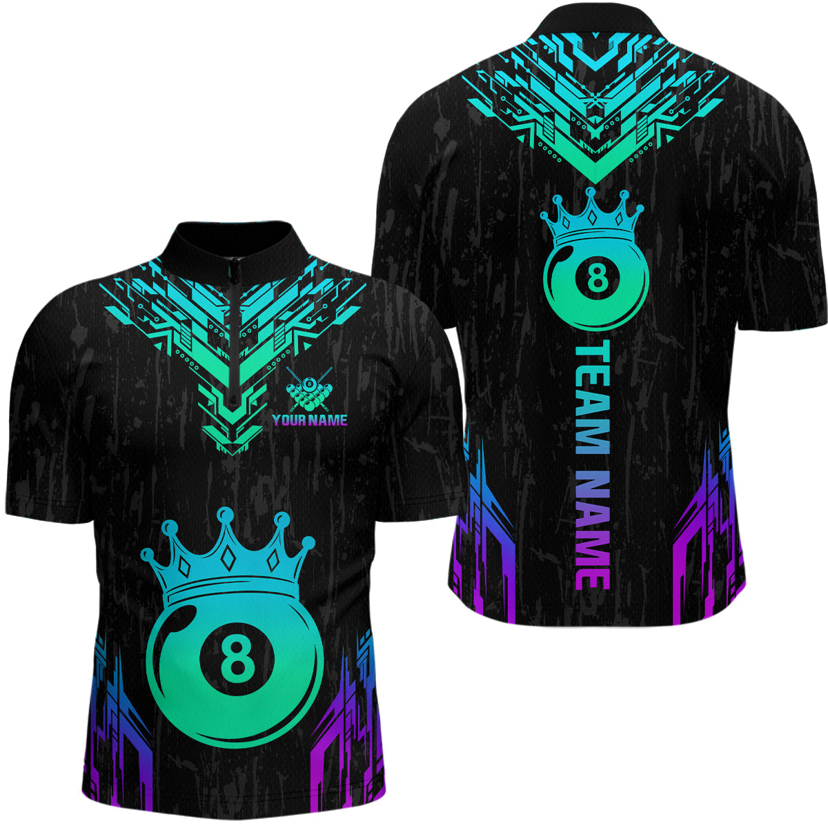 Blisscorners Custom Black Neon 8 Ball Crown Billiard Shirts for Men and Team Polo & 1/4 Zip Shirts LM2206