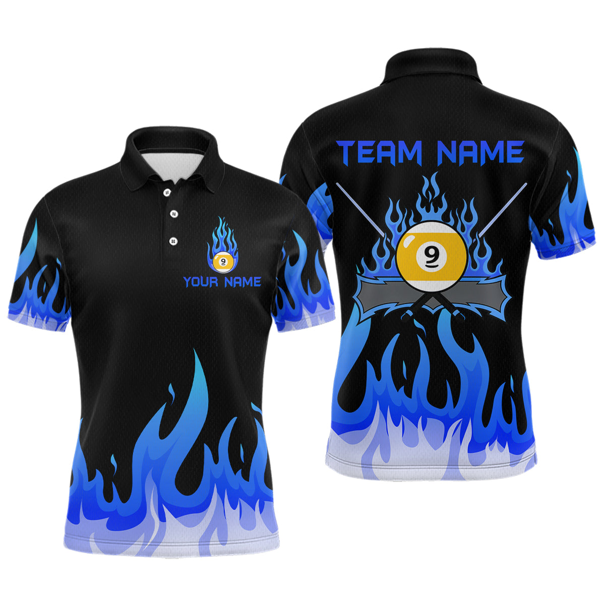 Blisscorners Custom 9 Ball Blue Flaming Billiard Shirts for Men Billiard Team Shirts Billiard League LM2007