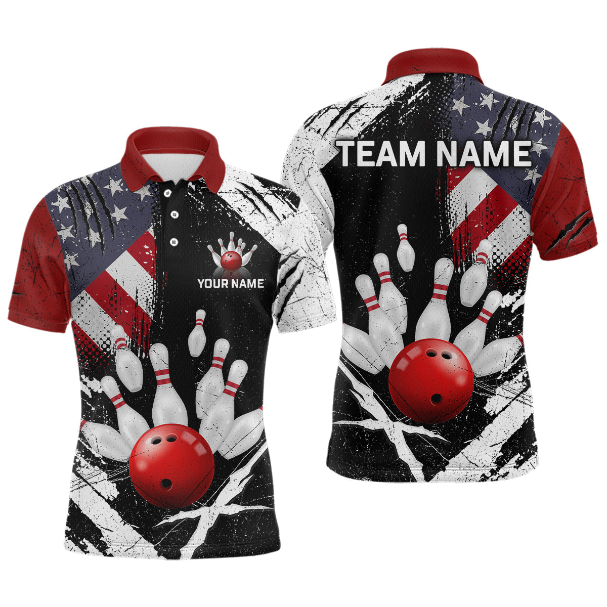 Blisscorners Custom US Flag Bowling Shirts for Men Polo & Quarter-Zip Bowling Team Bowling League MT1706