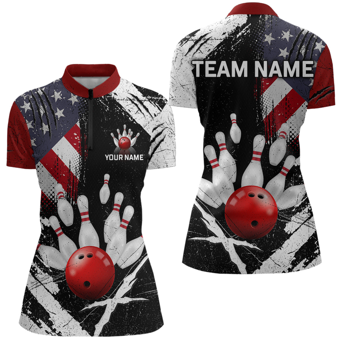 Blisscorners Custom US Flag Bowling Shirts for Men Polo & Quarter-Zip Bowling Team Bowling League MT1706