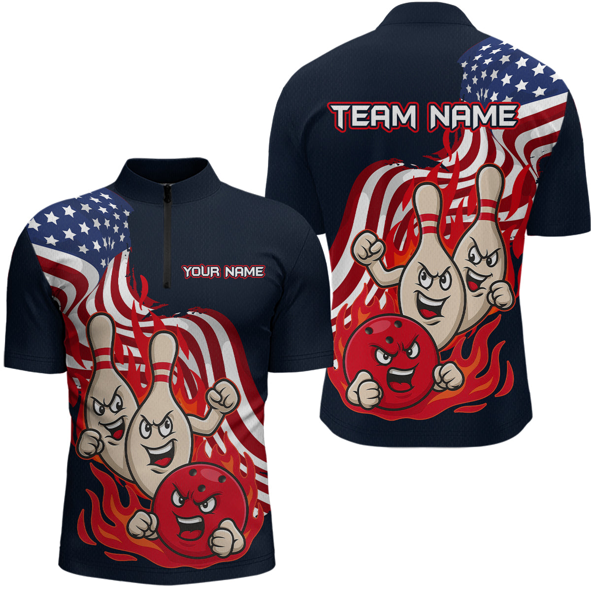 Blisscorners Custom American Flag Bowling Men Polo & 1/4 Zip Shirts Funny Flame Bowling Team Jerseys LM3006