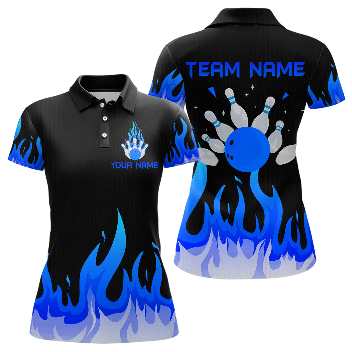 Blisscorners Custom Blue Flame Bowling Shirts for Men Polo & Quarter-Zip Bowling Team Jerseys MT1706
