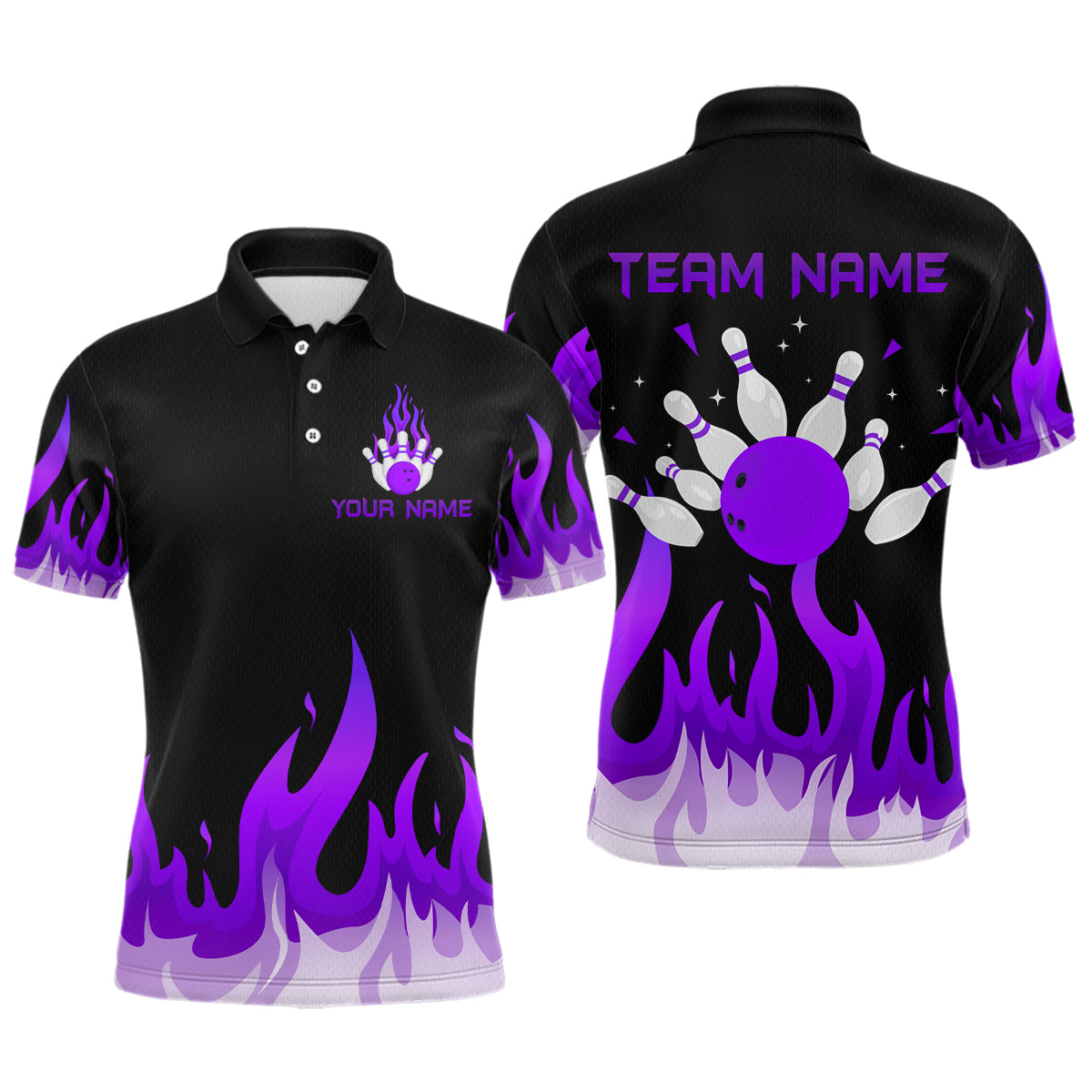 Blisscorners Custom Purple Flame Bowling Shirts for Men Polo & Quarter-Zip Bowling Team Jerseys MT1706