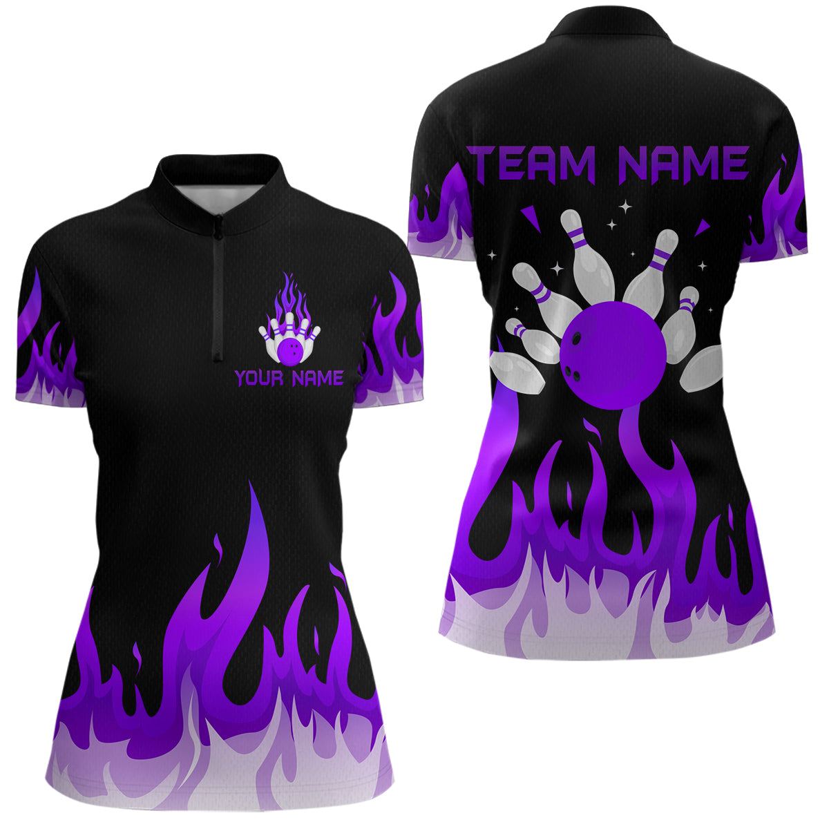 Blisscorners Custom Purple Flame Bowling Shirts for Men Polo & Quarter-Zip Bowling Team Jerseys MT1706