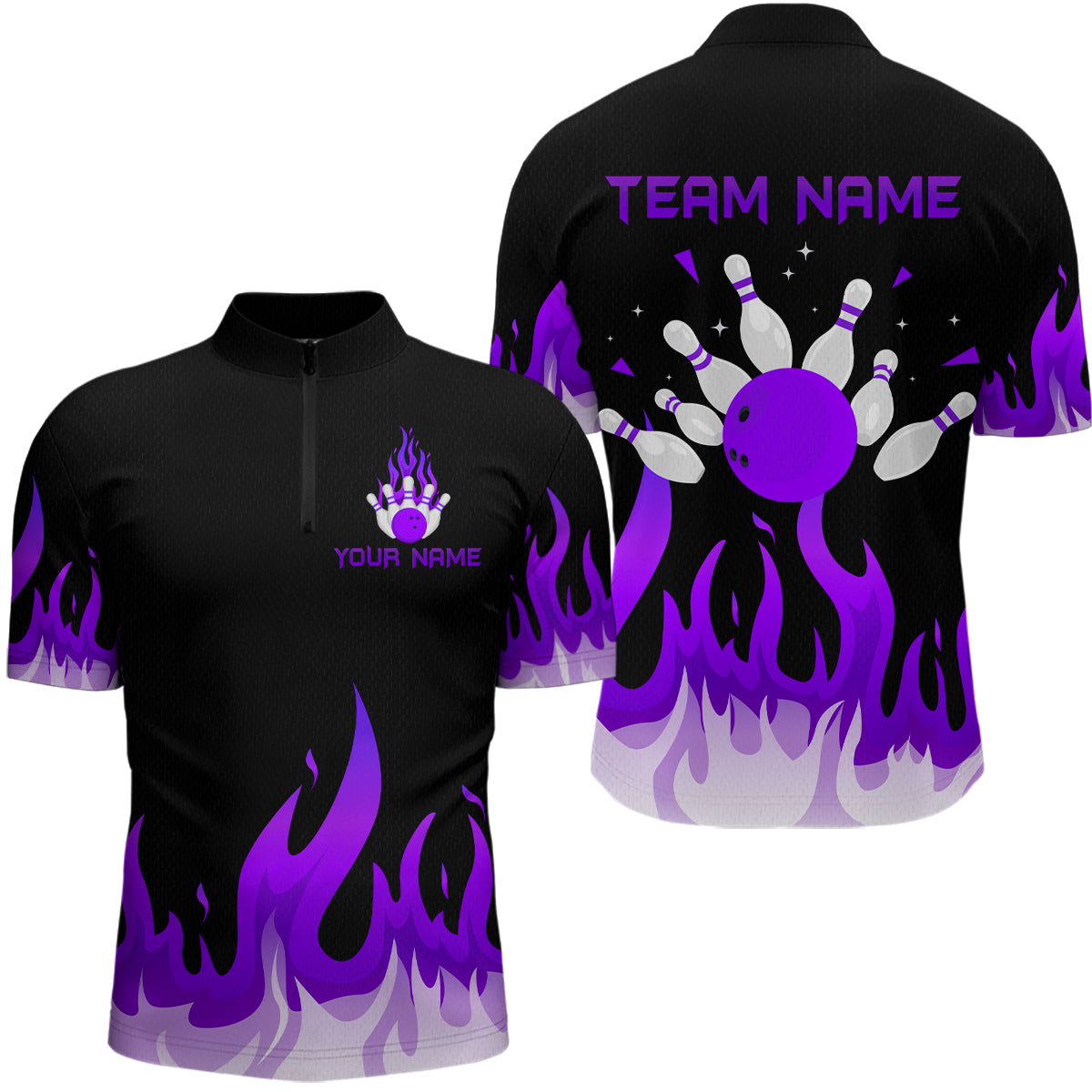 Blisscorners Custom Purple Flame Bowling Shirts for Men Polo & Quarter-Zip Bowling Team Jerseys MT1706