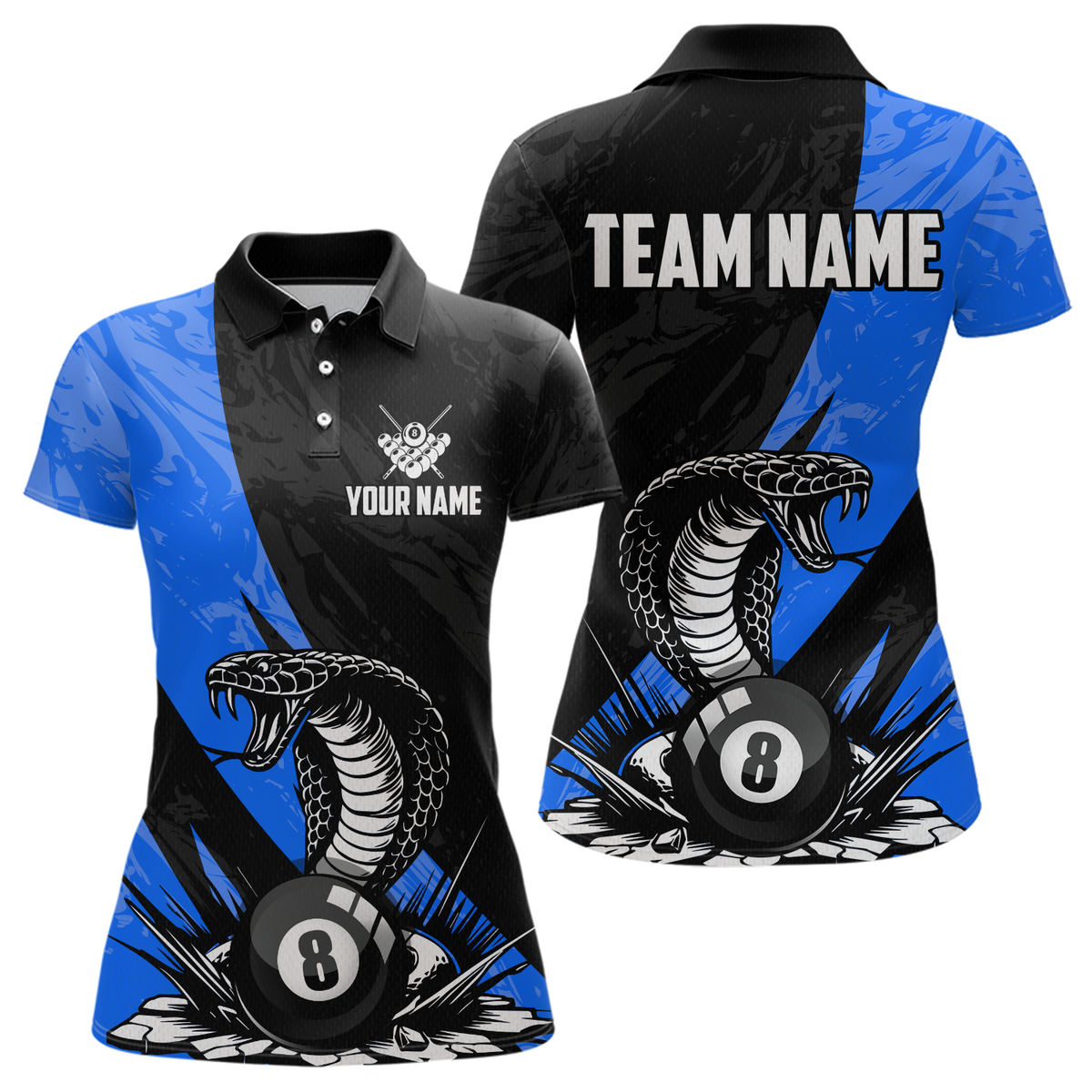Maxxcorners Custom Blue Cobra Snake 8 Ball Pool Billiard Shirts for Men Team Polo & 1/4 Zip Shirts MT0307