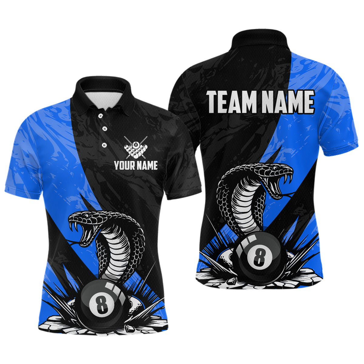 Maxxcorners Custom Blue Cobra Snake 8 Ball Pool Billiard Shirts for Men Team Polo & 1/4 Zip Shirts MT0307
