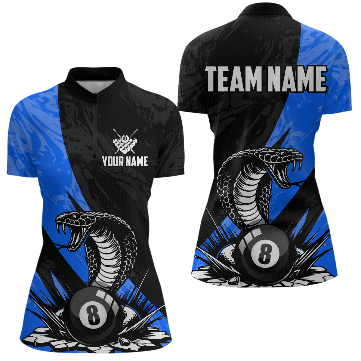 Maxxcorners Custom Blue Cobra Snake 8 Ball Pool Billiard Shirts for Men Team Polo & 1/4 Zip Shirts MT0307